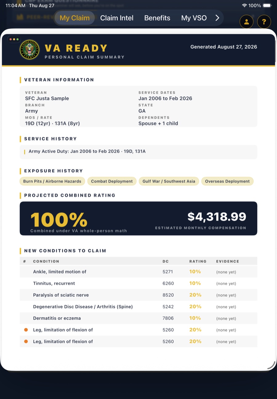 A VA Ready personal claim summary PDF showing veteran information, service history, exposure history tags, a projected combined rating of 100 percent with estimated monthly compensation, and a table of conditions with diagnostic codes, ratings and evidence status.