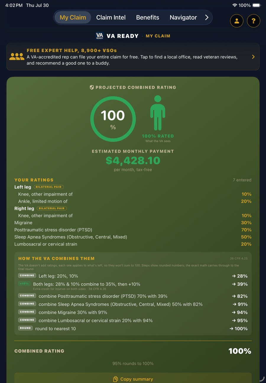 VA Ready showing a 100 percent combined rating with a step-by-step breakdown of how each condition was combined under 38 CFR 4.25, including the bilateral factor under 38 CFR 4.26.