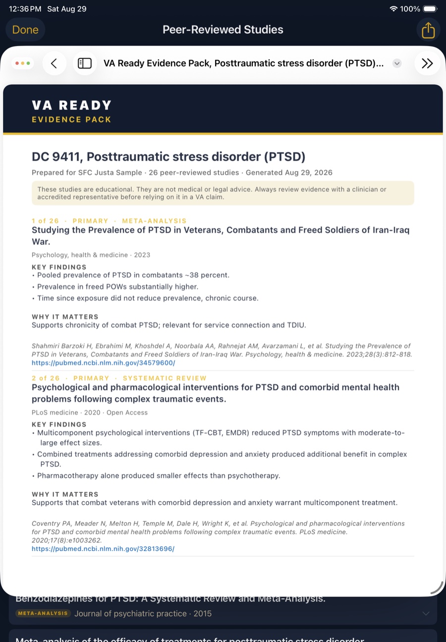A VA Ready Evidence Pack PDF for PTSD, diagnostic code 9411, listing 26 peer-reviewed studies, each with key findings, a why it matters line explaining the relevance to service connection, a full citation and a PubMed link.