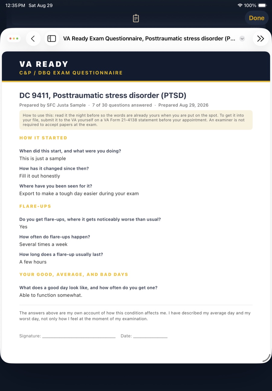 A VA Ready C and P slash DBQ exam questionnaire PDF for PTSD, diagnostic code 9411, showing the veteran's own answers about when it started, how often flare-ups happen and how long they last, and what a good day looks like, ending with a signature and date line.