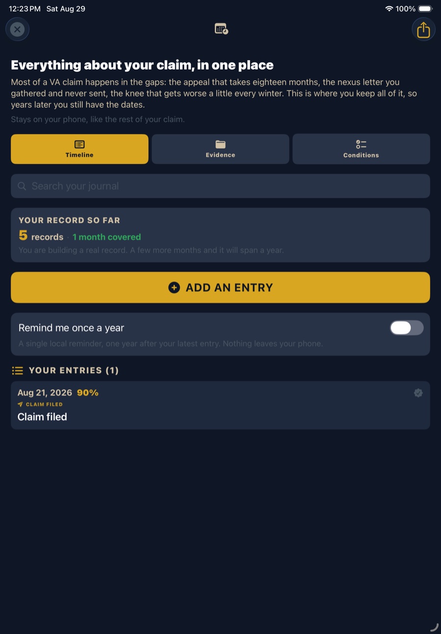 VA Ready claim journal showing Timeline, Evidence and Conditions tabs, a searchable record, a summary reading 5 records and 1 month covered, an annual reminder toggle, and a dated entry for a filed claim.