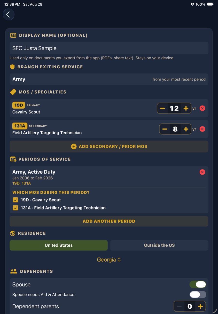 VA Ready profile editor showing periods of service, with an Army Active Duty period from January 2006 to February 2026, checkboxes assigning the 19D Cavalry Scout and 131A Field Artillery Targeting Technician specialties to that period, and a button to add another period.