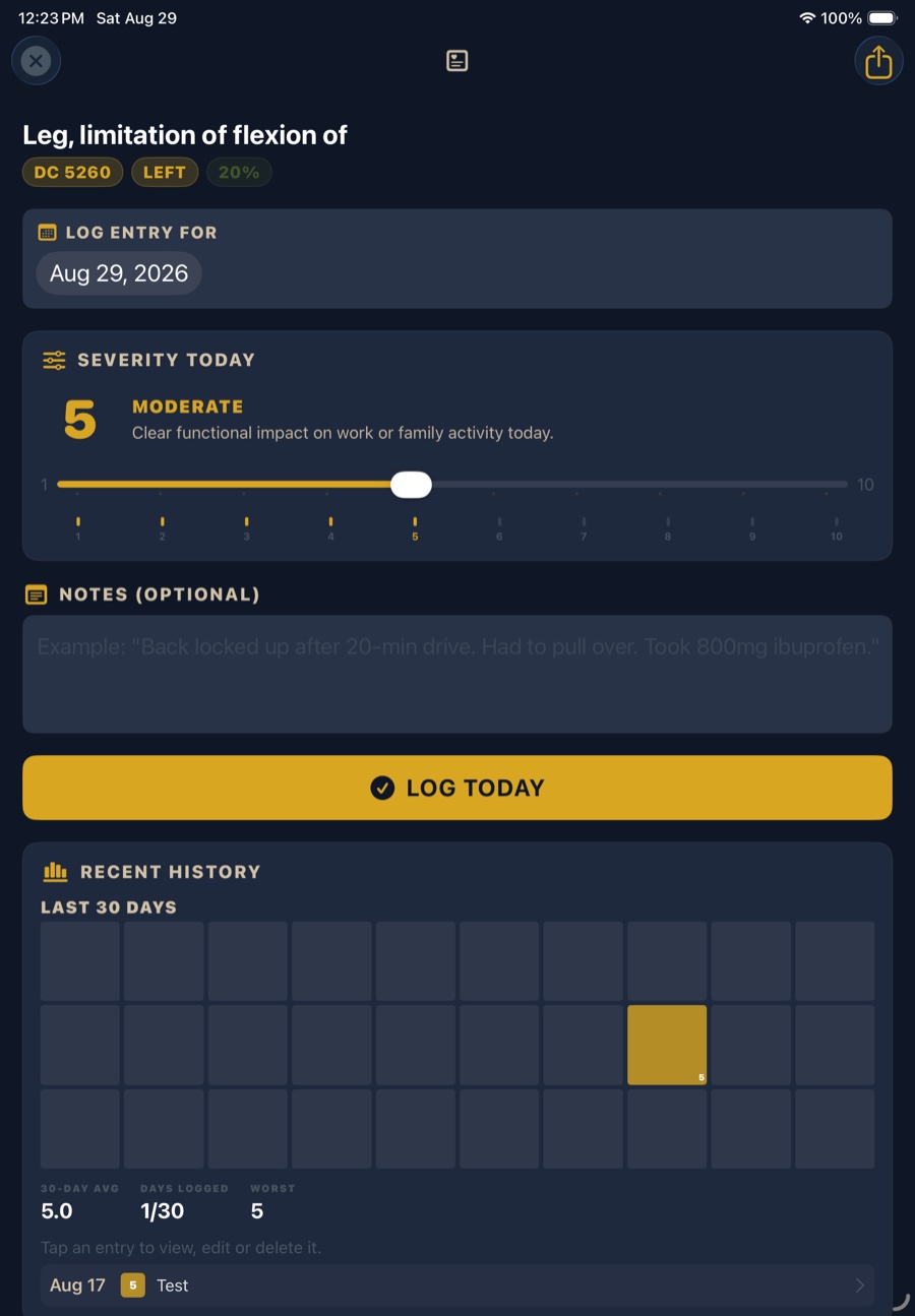 VA Ready symptom log for Leg, limitation of flexion, diagnostic code 5260, left side at 20 percent, showing a severity slider set to 5 Moderate, an optional notes field, and a 30-day history grid with averages.