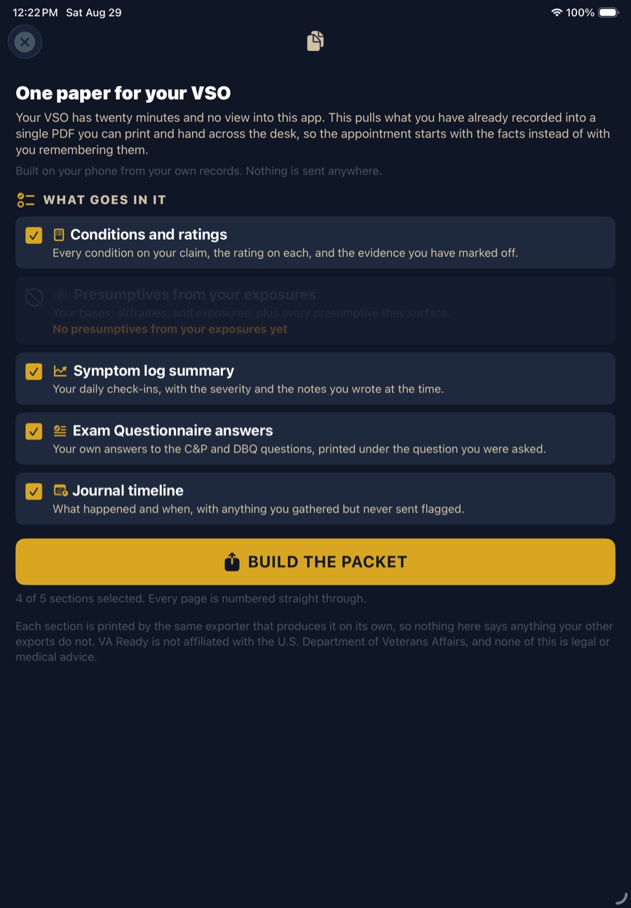VA Ready VSO packet builder titled One paper for your VSO, with selectable sections: conditions and ratings, presumptives from your exposures, symptom log summary, exam questionnaire answers, and journal timeline, above a Build the Packet button.