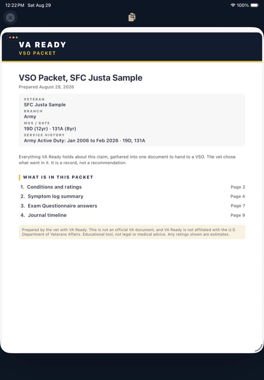 A generated VA Ready VSO packet PDF cover page showing the veteran name, branch, MOS and service history, followed by a numbered table of contents listing conditions and ratings, symptom log summary, exam questionnaire answers and journal timeline with page numbers.