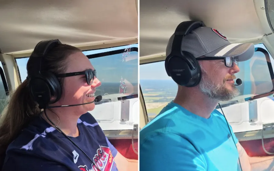 Two Air Force veterans, Gabby and Brent, side by side in the cockpit during their VA Ready sponsored discovery flight out of Waycross-Ware County Airport, both wearing headsets with the Georgia landscape visible through the windows