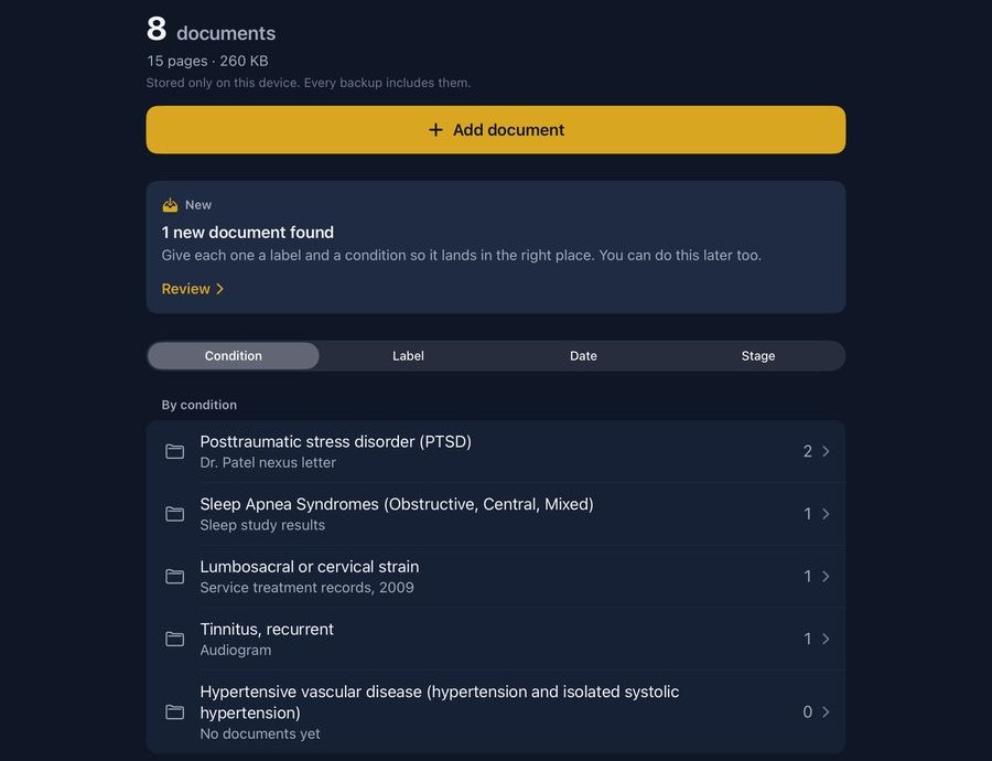 VA Ready 3.0 Claim File holding 8 documents stored on the device, with an Add document button, a new document found prompt, and documents grouped by condition with filters for label, date and stage.