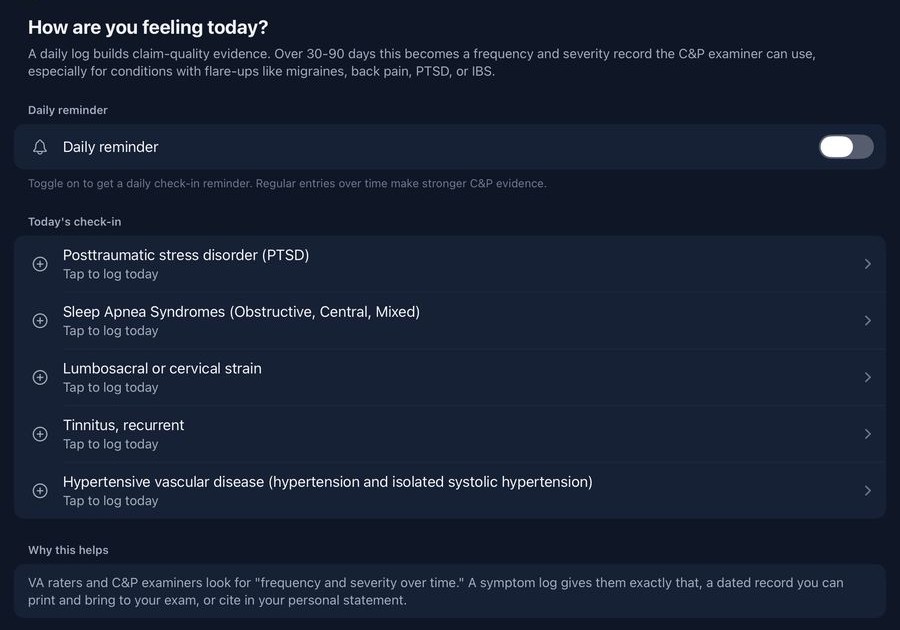 VA Ready Symptom Tracker asking how you are feeling today, with a daily reminder toggle and a quick check-in row for each claimed condition.