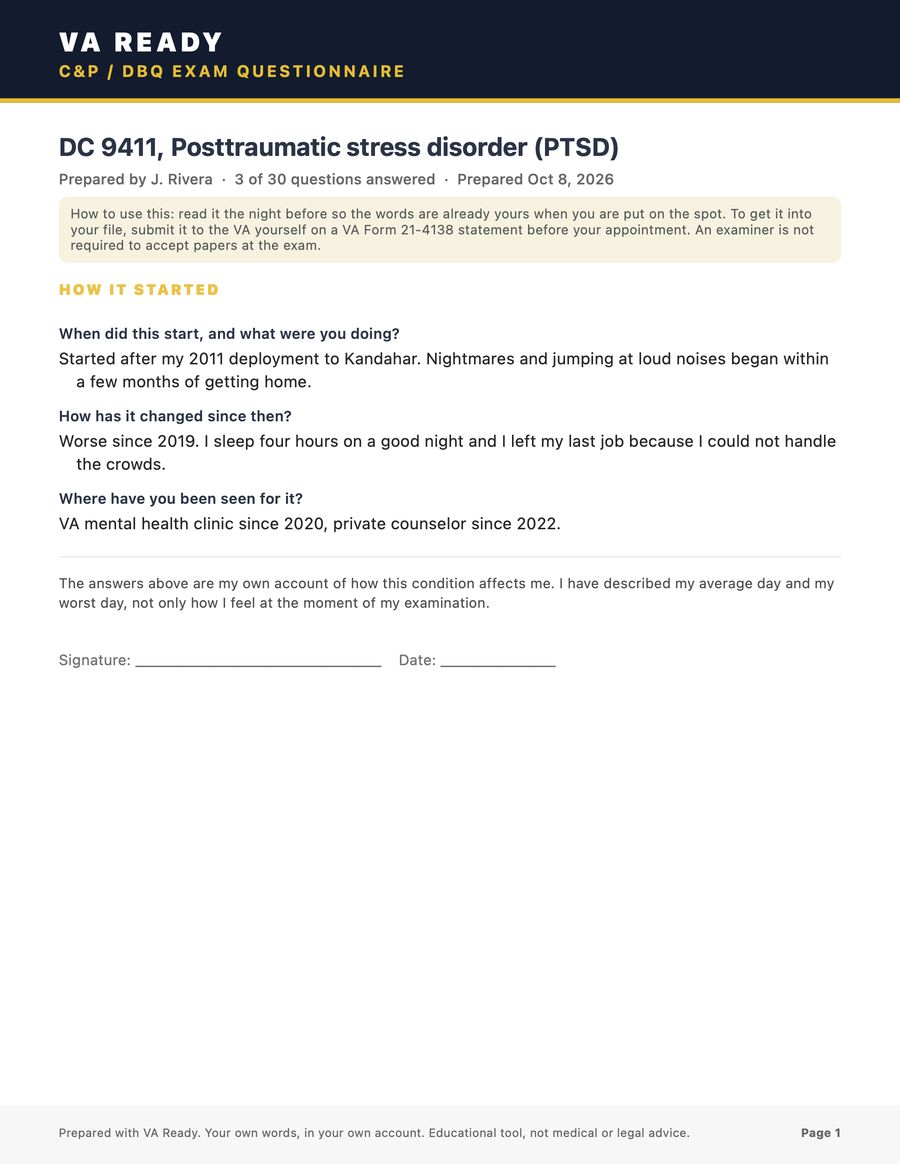 A VA Ready C and P slash DBQ exam questionnaire PDF for PTSD, diagnostic code 9411, with the veteran's own answers about when it started, how it has changed and where they have been seen for it, ending with a signature and date line.