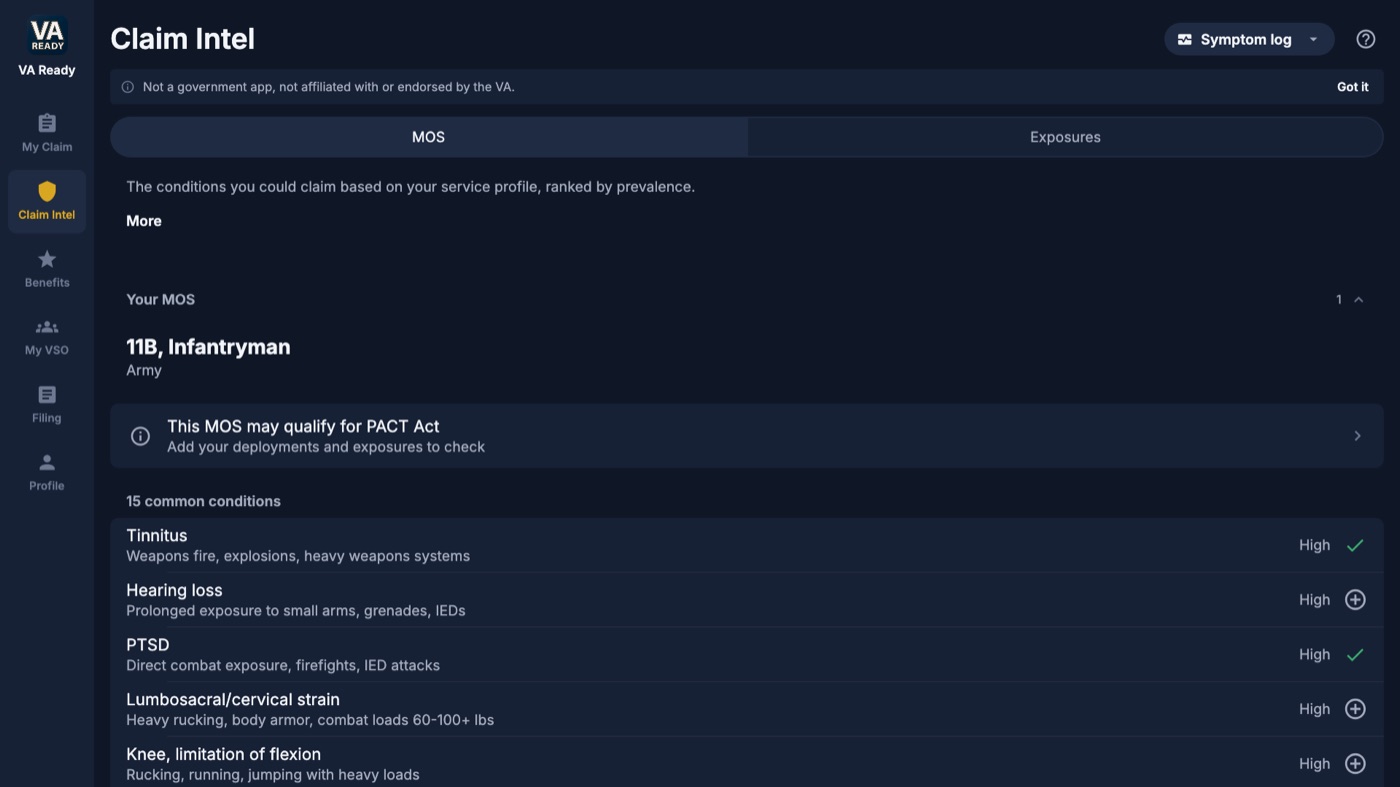 VA Ready on Windows, Claim Intel tab listing conditions commonly claimed for an Army 11B.